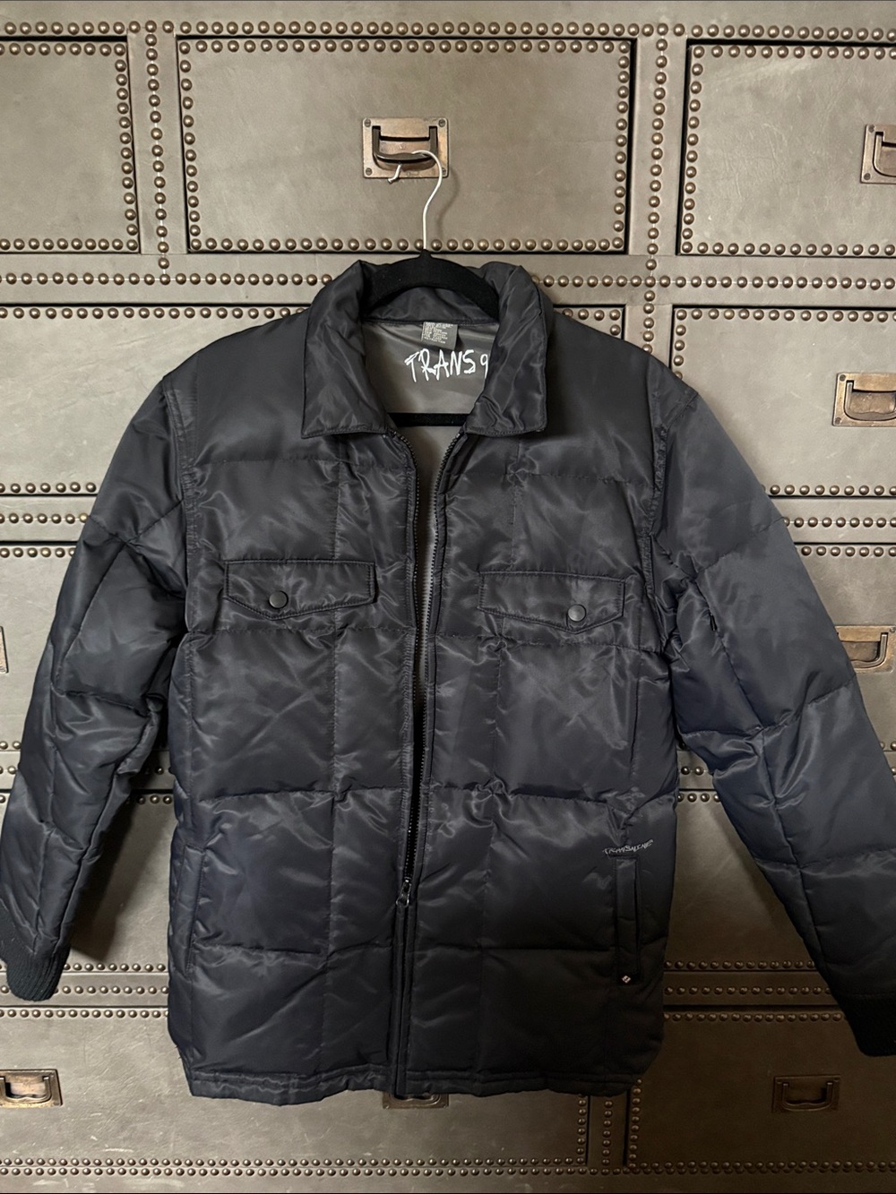 Men's Black Quilted Puffer Jacket with Snap Chest Pockets Size S